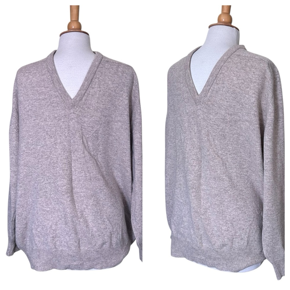 Vintage BLARNEY Woollen Mills Beige V-Neck Lambs Wool Sweater - XXL